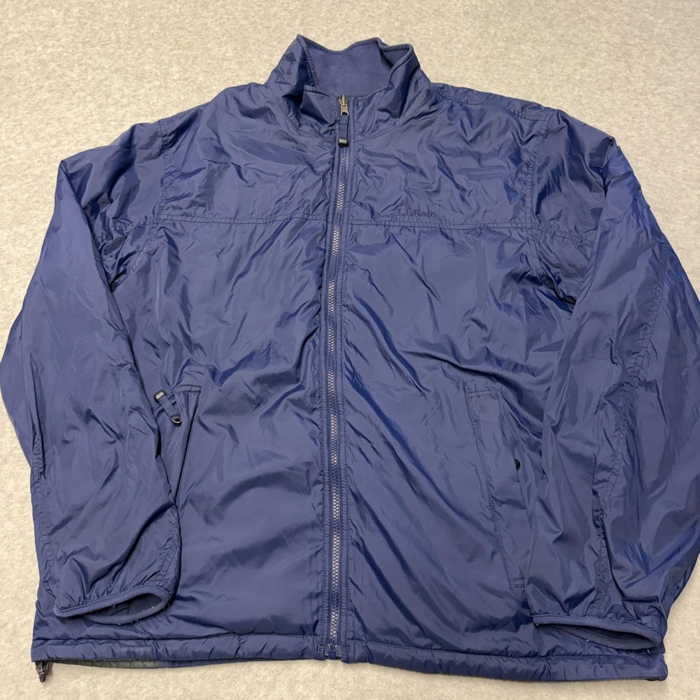 LL Bean Jacket Mens Extra Large Blue Nylon Fleece Reversible Full Zip Outdoor